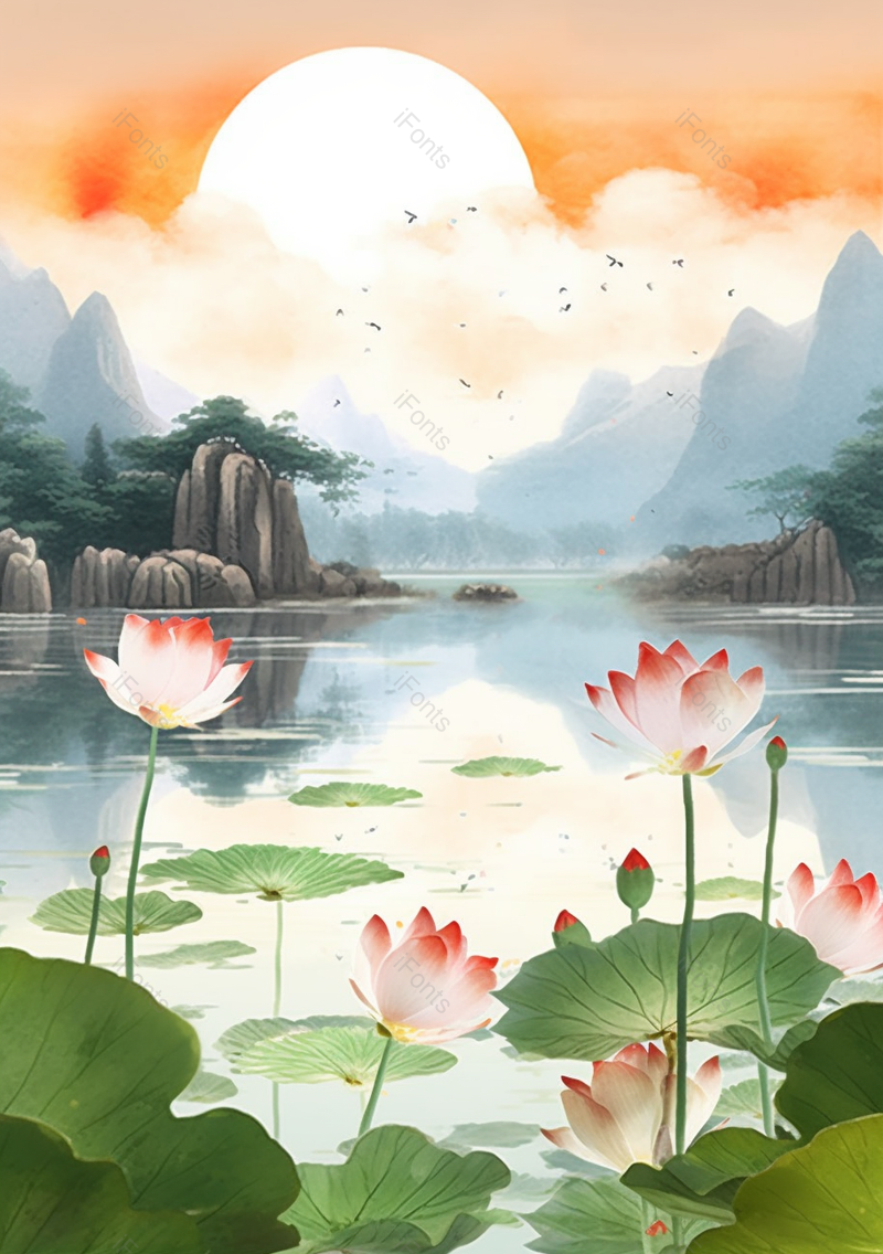 清荷莲语夕阳西下唯美池塘手绘插画,插画/手绘图,插画/手绘图库,插画/手绘图下载,插画/手绘